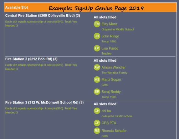 Last year's SignUp Genius form